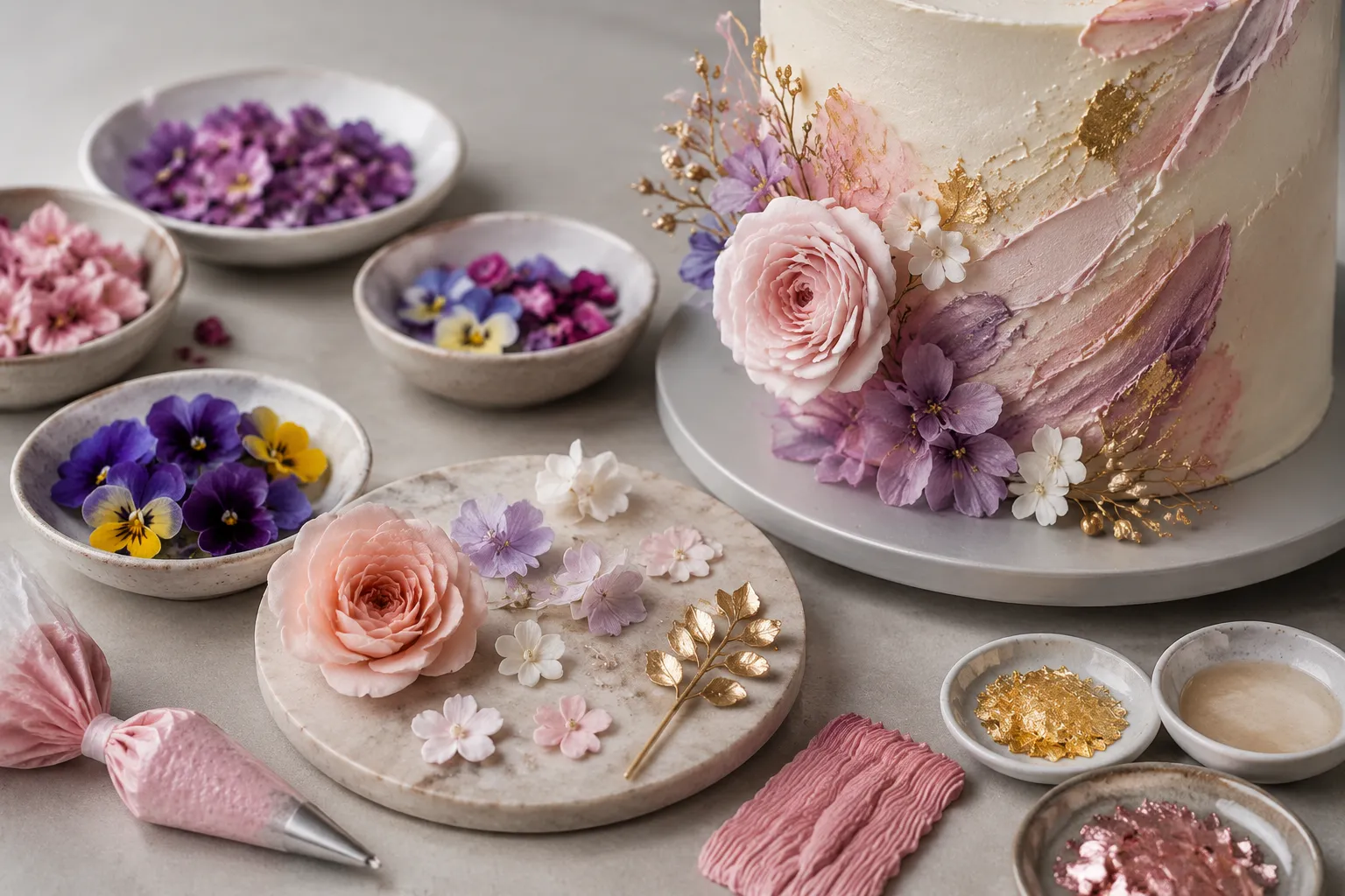 Cake decoration details illustrating flowers, toppers, finishes, and material choices