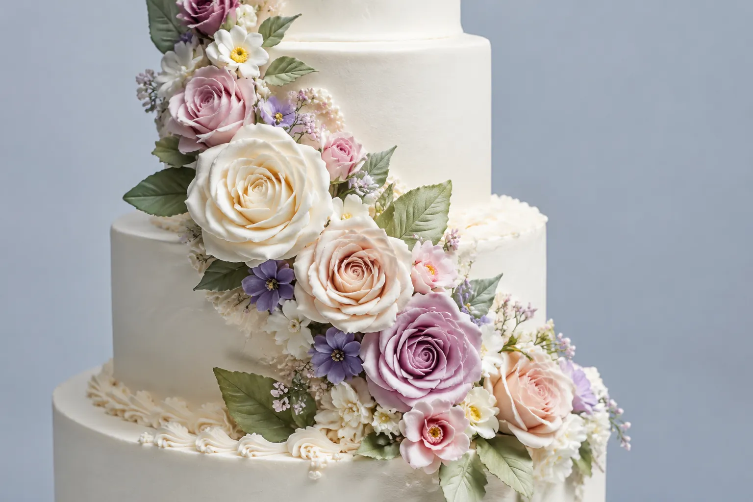Directional cascade of cake decorations moving from the top tier toward the lower sides