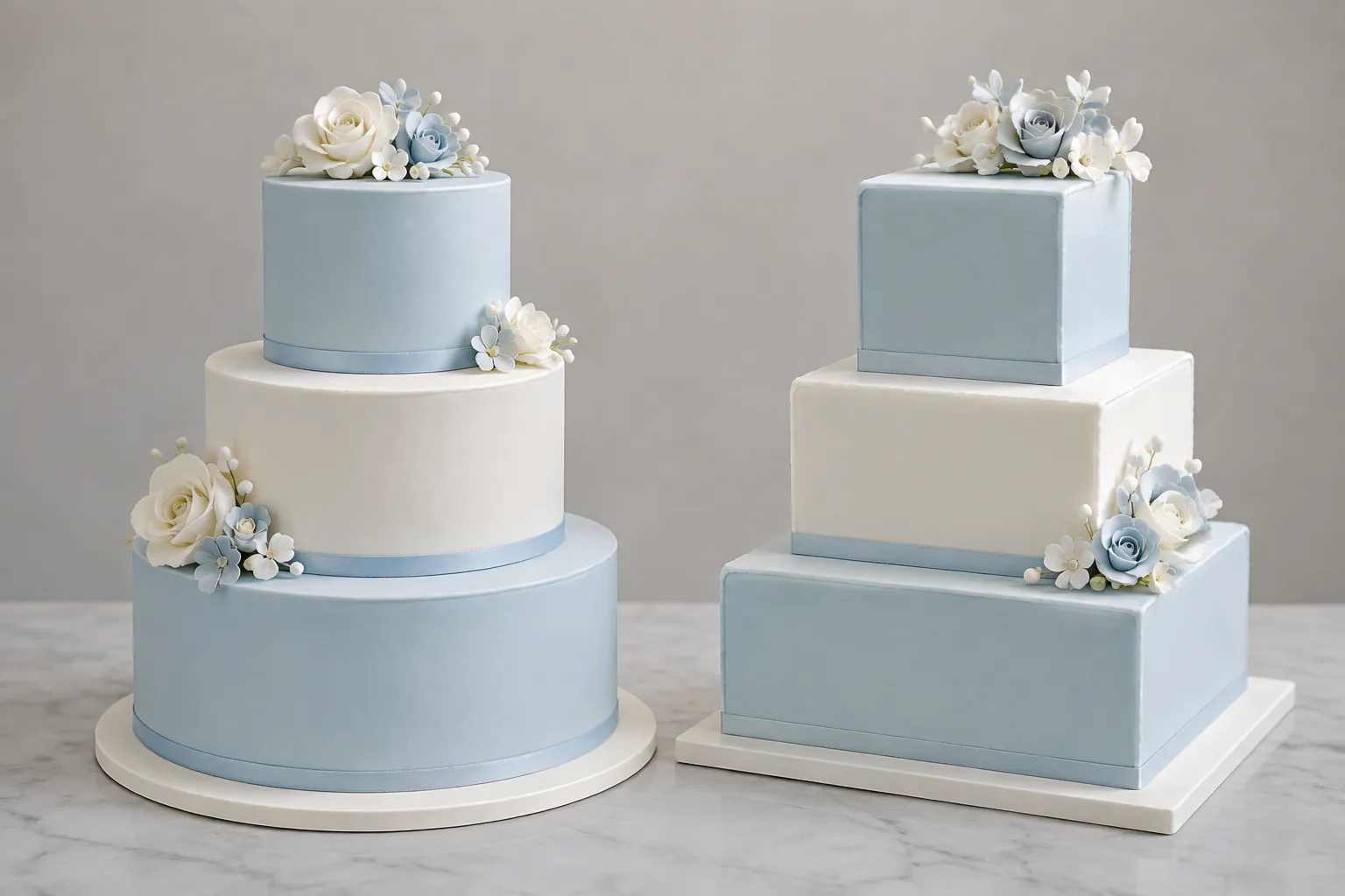 Round and square cake profiles with contrasting tier ratios