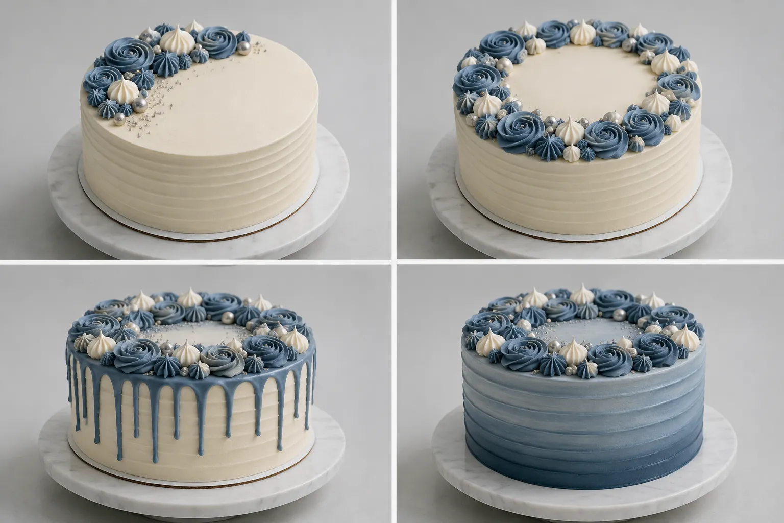 Cake accent placement compared across top edge drip and tier surface options