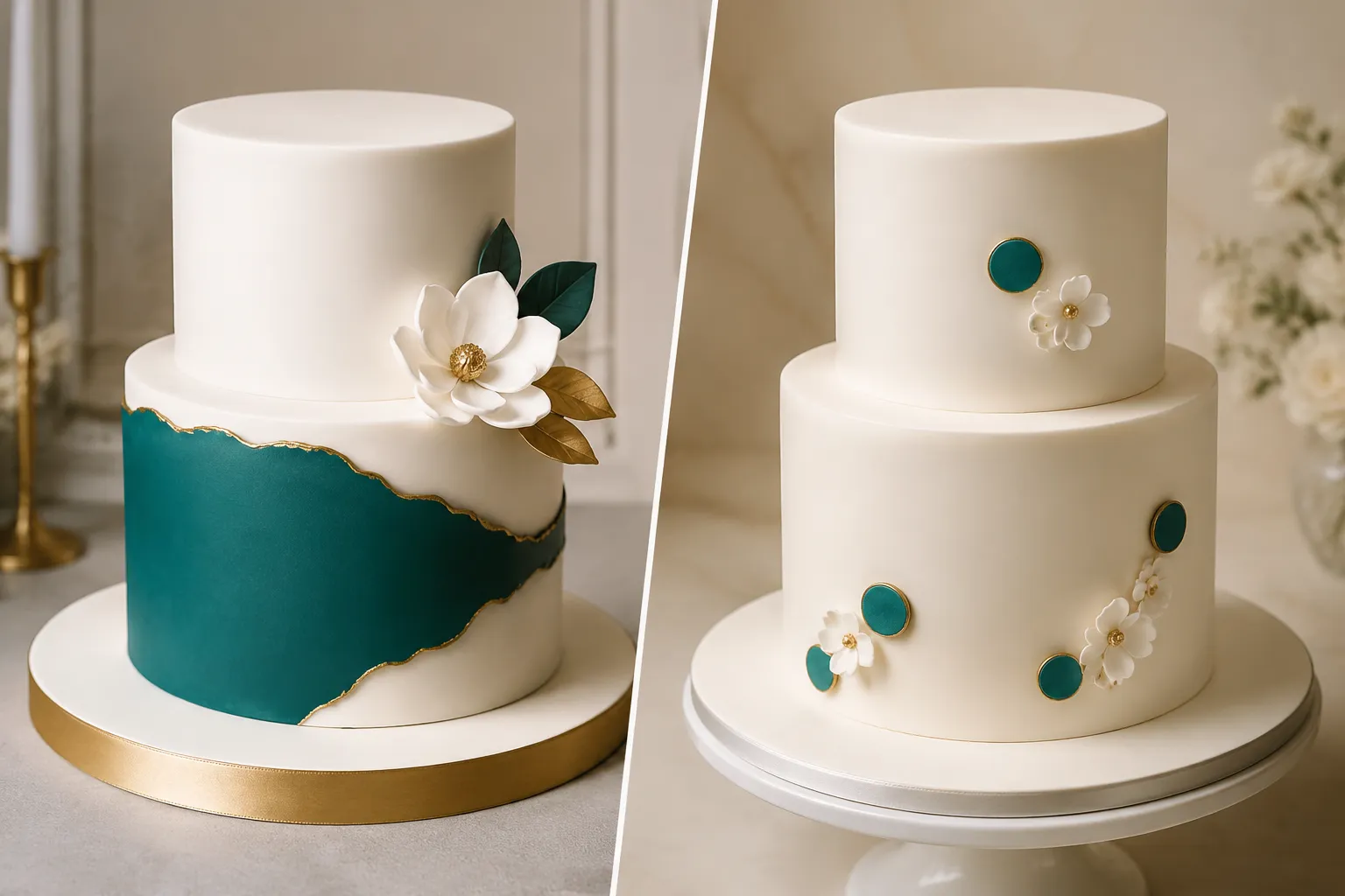 Tiered cake comparing a broad accent surface with smaller decorative color details