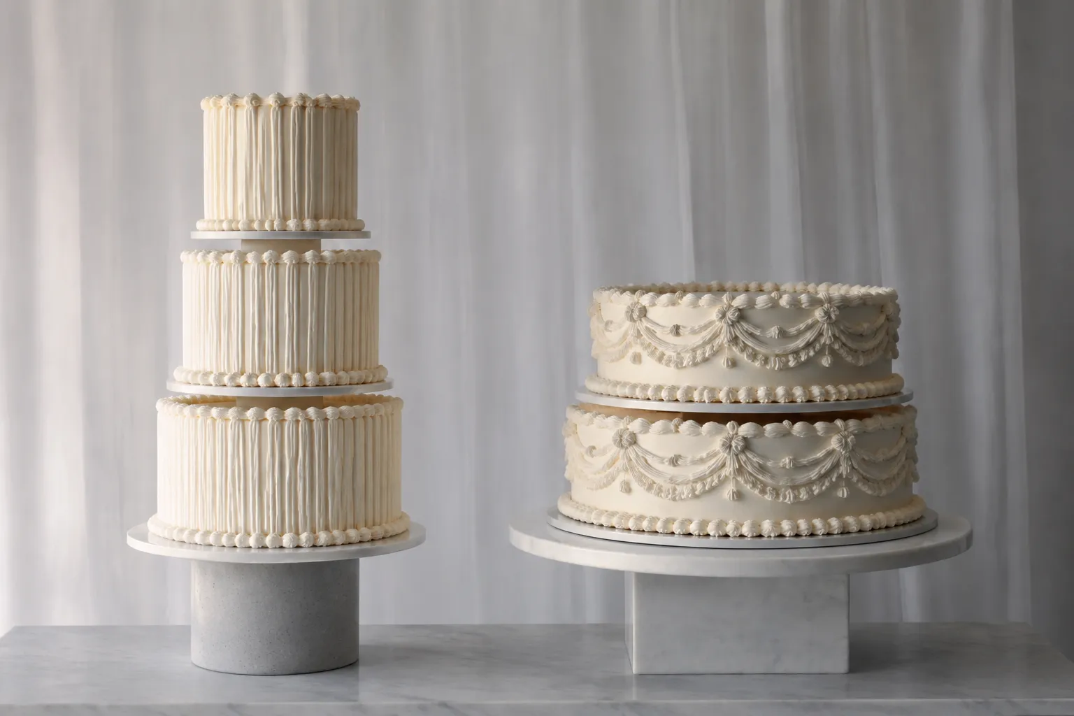 Tall and low cake arrangements showing spacing and scale