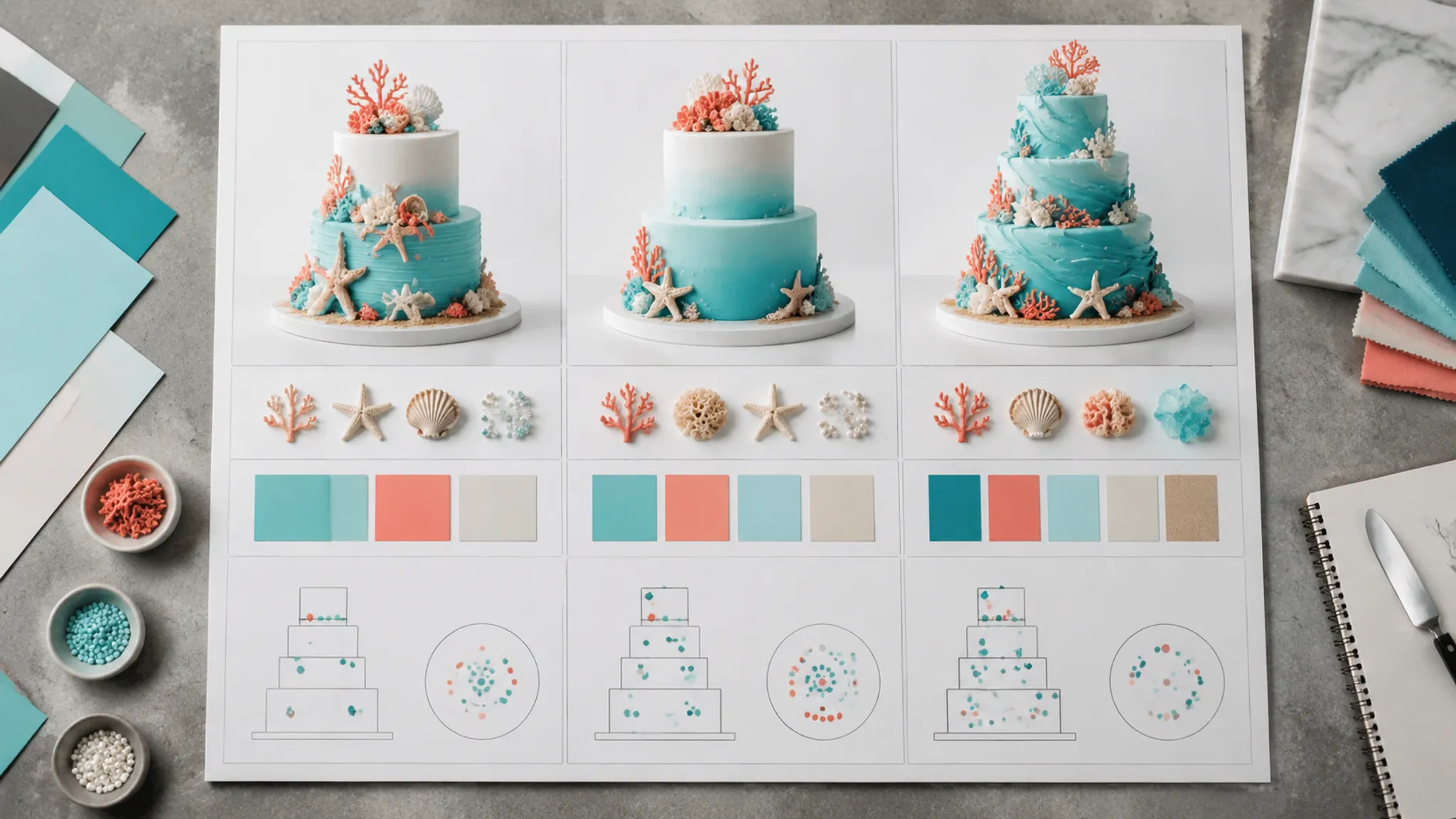 Cake design option sheet comparing immediate, contextual, and personal theme recognition