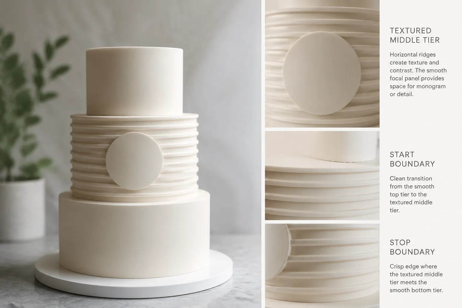 Annotated cake finish reference showing texture placement and smooth focal panel