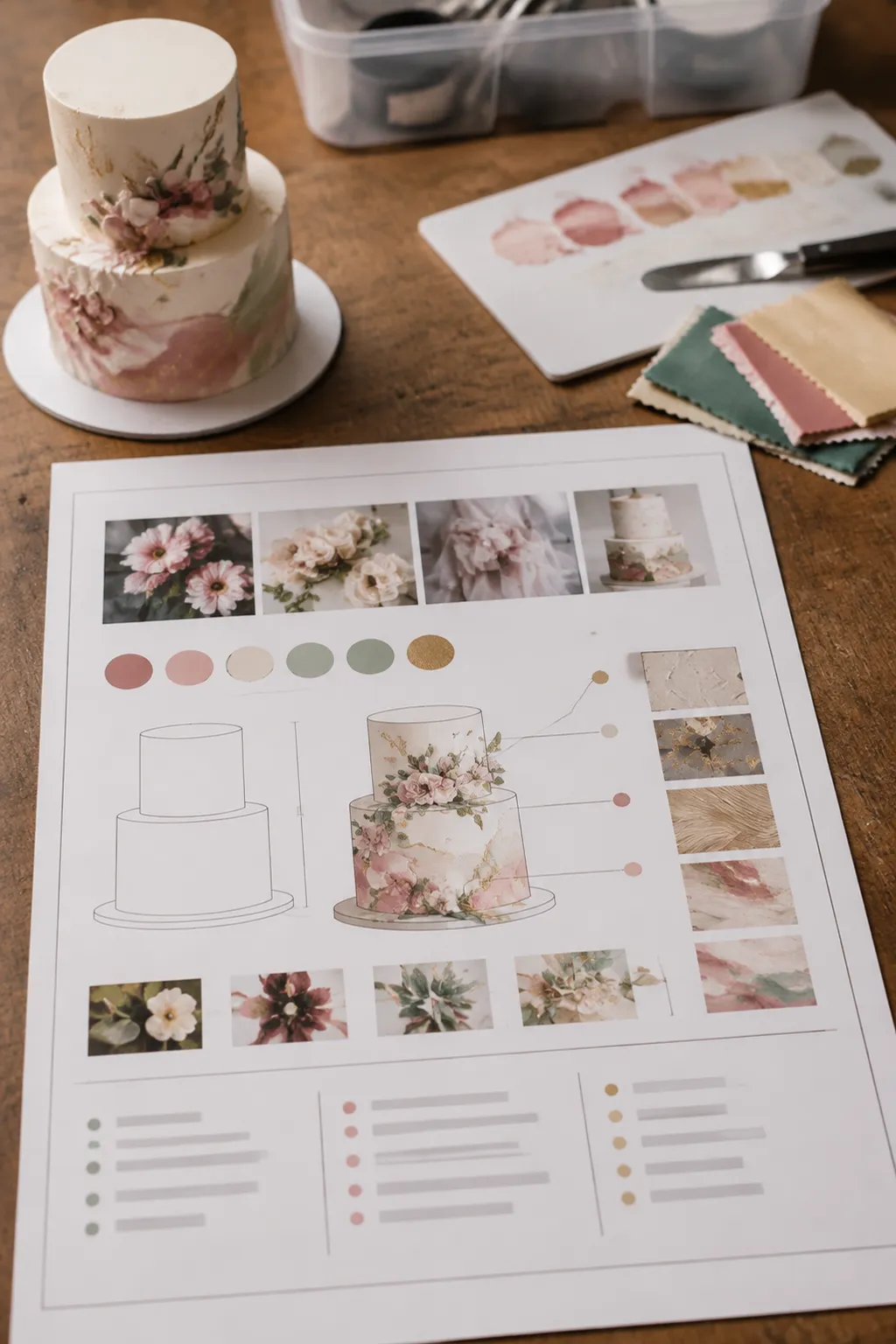 Production-facing themed cake brief with reference images, palette swatches, placement notes, and open questions