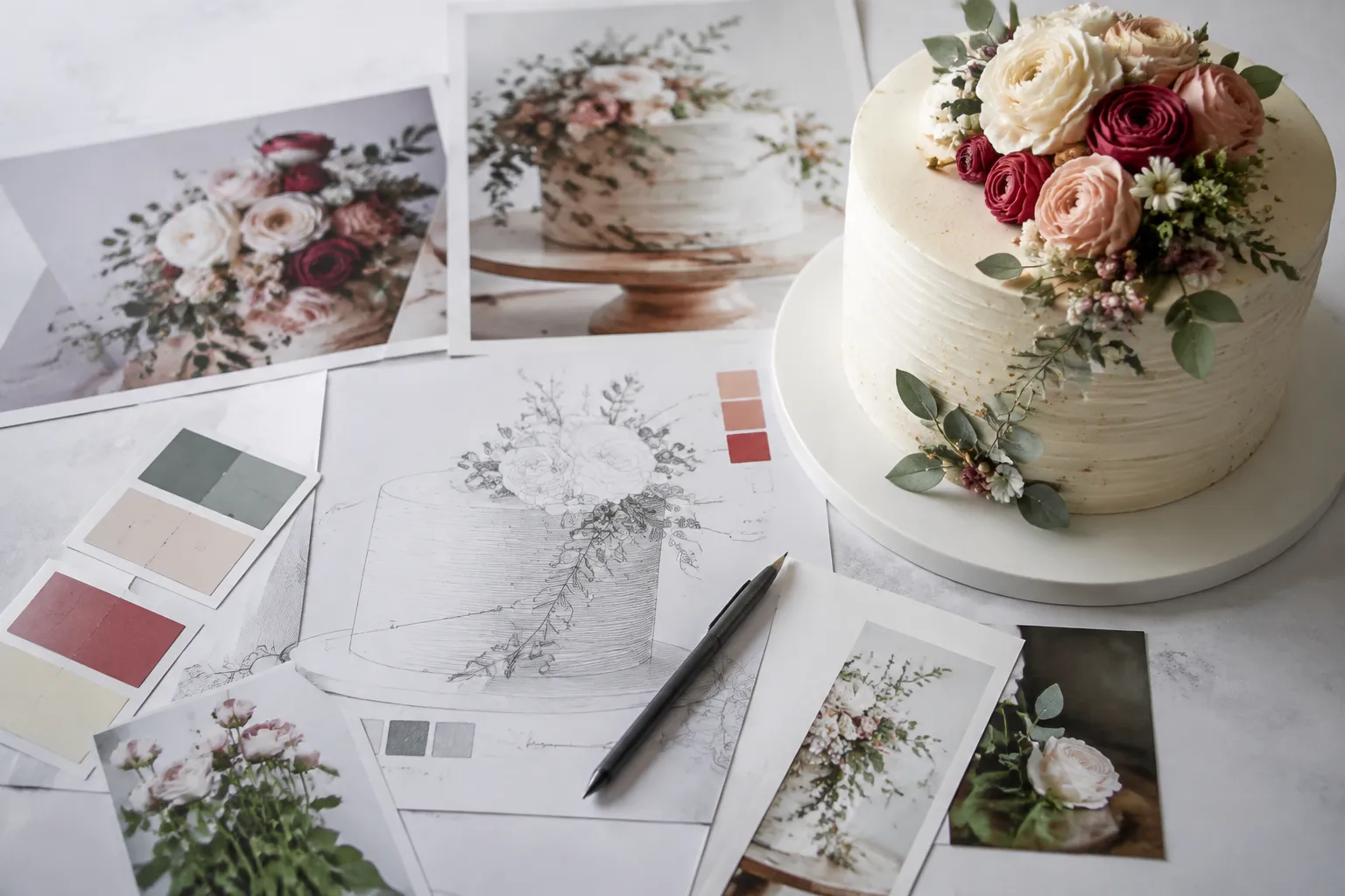 Cake preview materials showing a whole-cake composition, color references, and design details