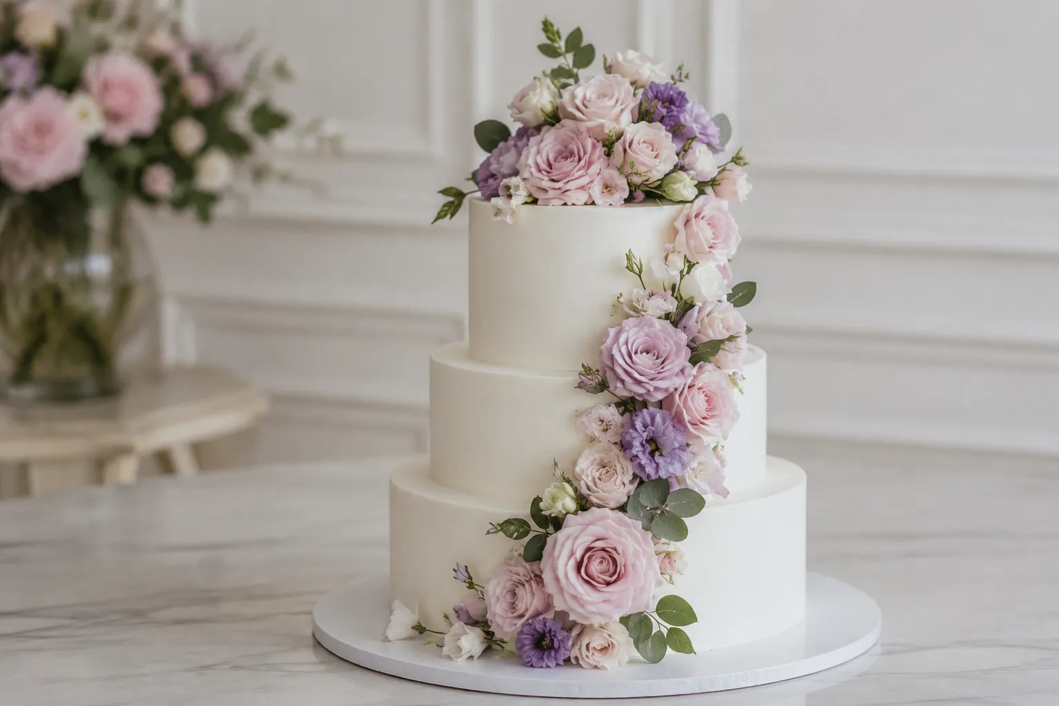 Cascading cake decorations moving diagonally across a tiered cake profile
