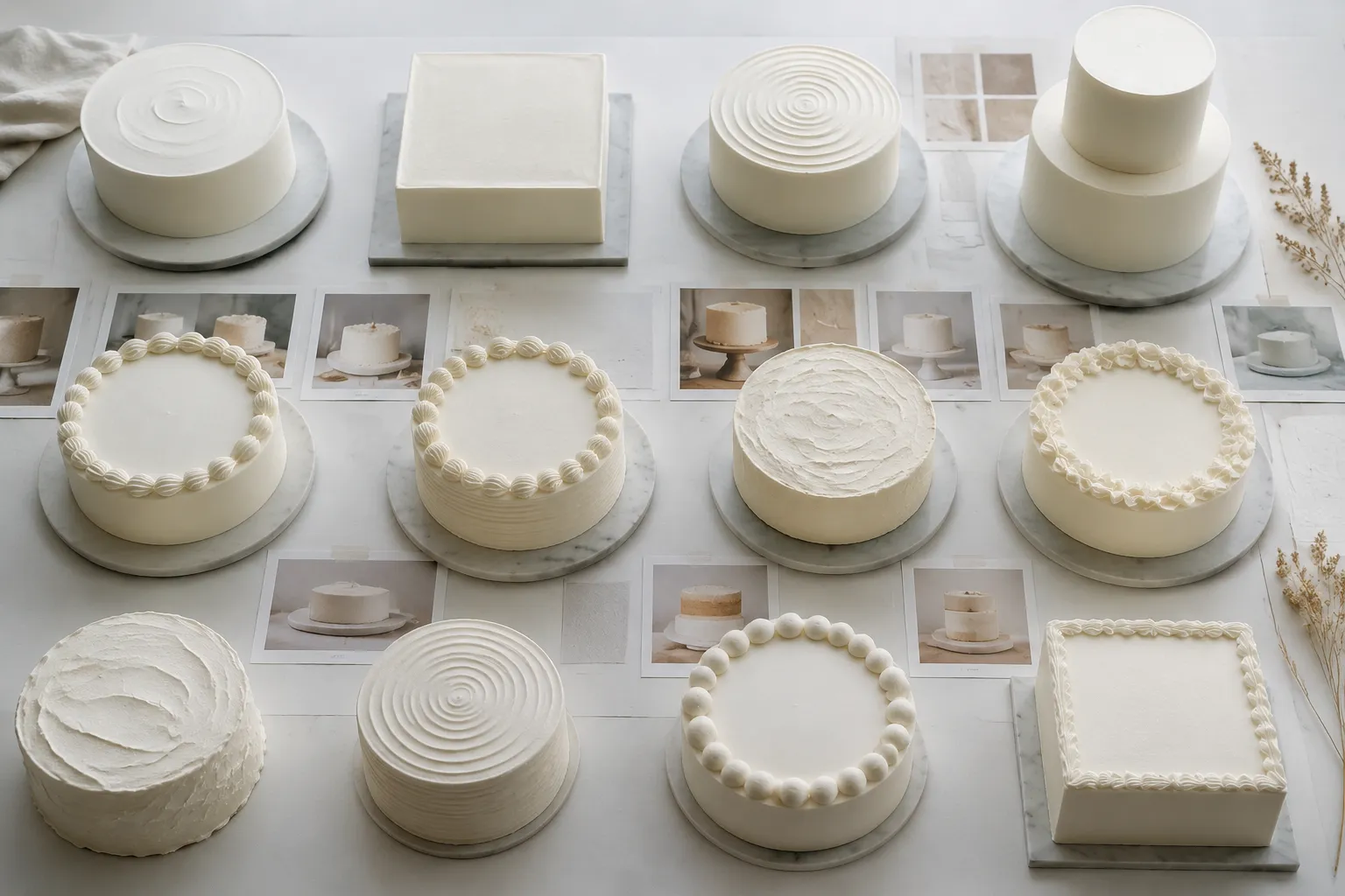 Cake planning reference showing contrasting shapes, tiers, and decorative details