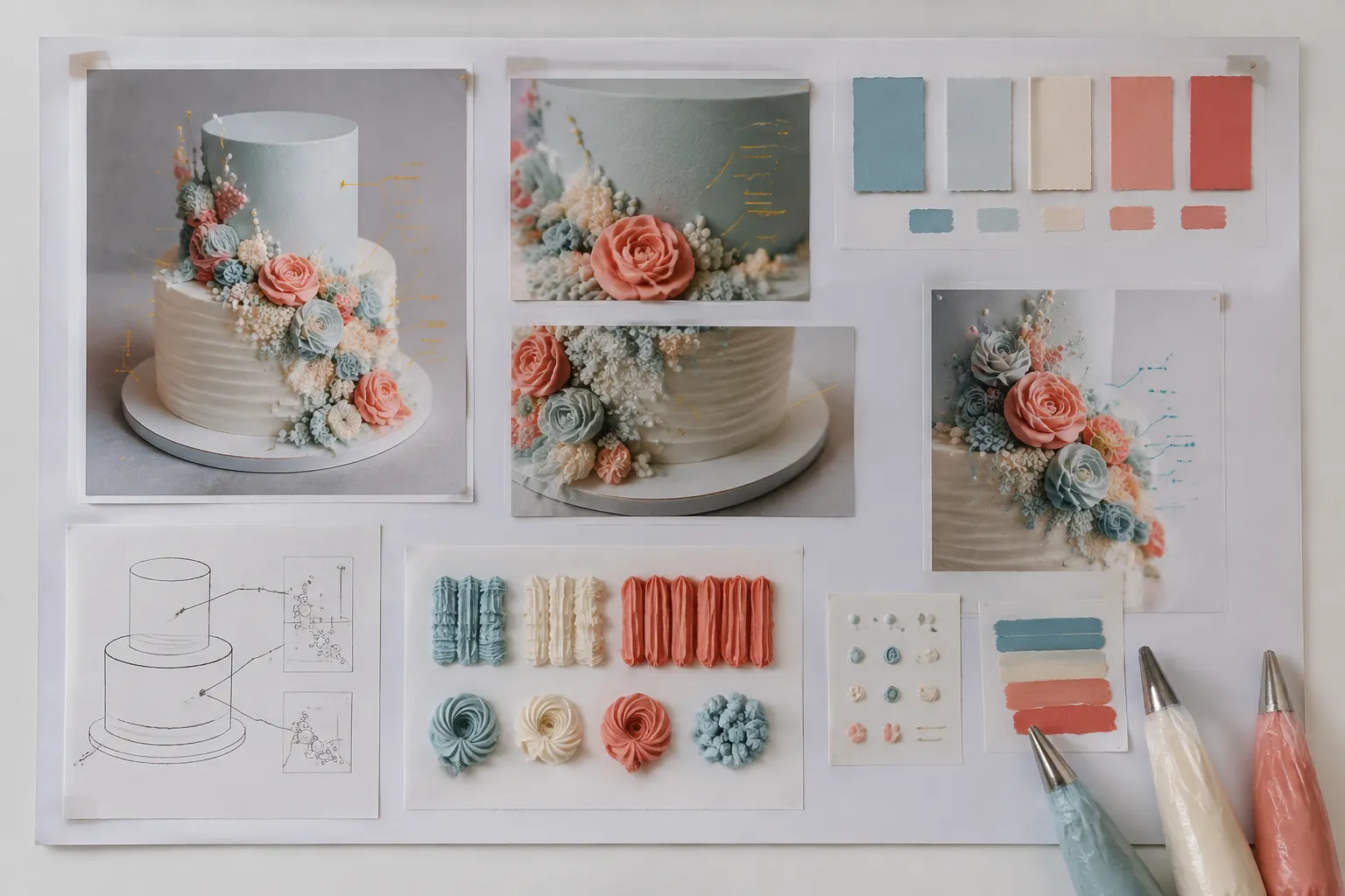 Cake design reference board showing profile color texture and detail placement