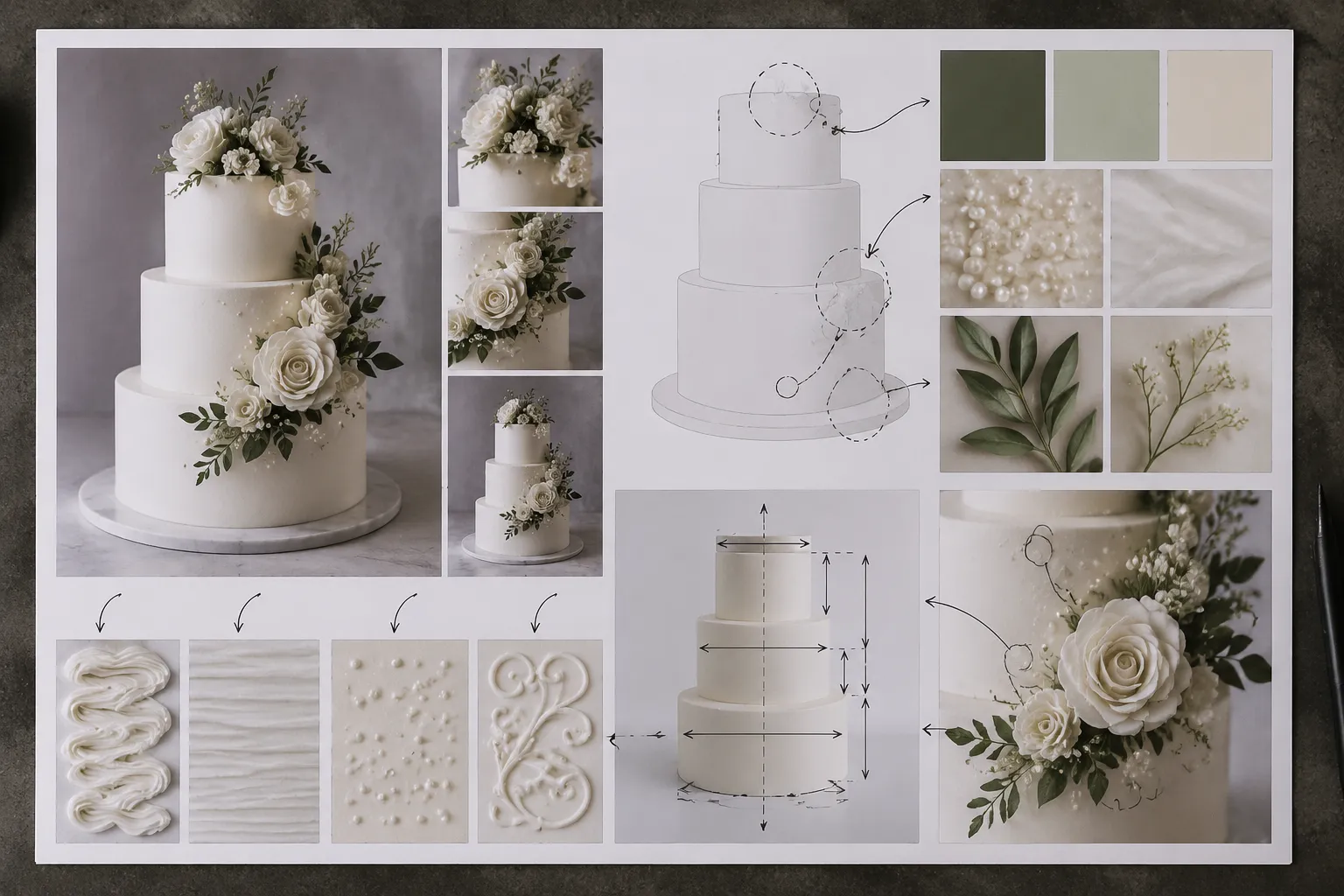 Annotated cake reference board isolating palette, tier ratio, piping density, and focal placement